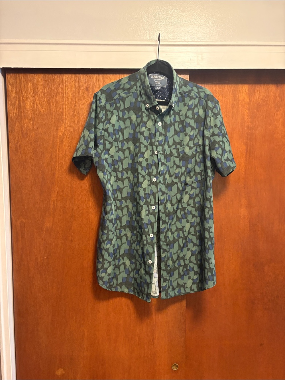 Short Sleeve Camouflage-Style Green Button-Down Shirt